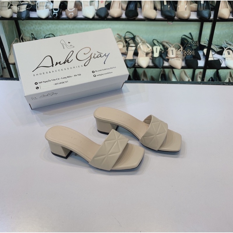 DL70 - Guốc quai ngang da lì trần trám gót vuông 3p hàng VNXK