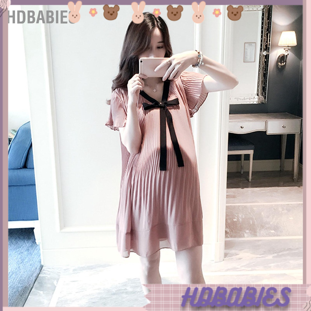 [Bán Nóng] Phụ nữ Rộng xếp ly Váy mềm mại thoáng khí Thanh lịch Nơ Trang phục cho bà bầu cuộc sống hàng ngày Mua sắm HDbabies