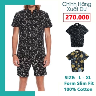 ÁO SƠ MI NAM NGẮN TAY MÀU ĐEN HỌA TIẾT CÂY DỪA VẢI COTTON THOÁNG MÁT - FO76 SHOP