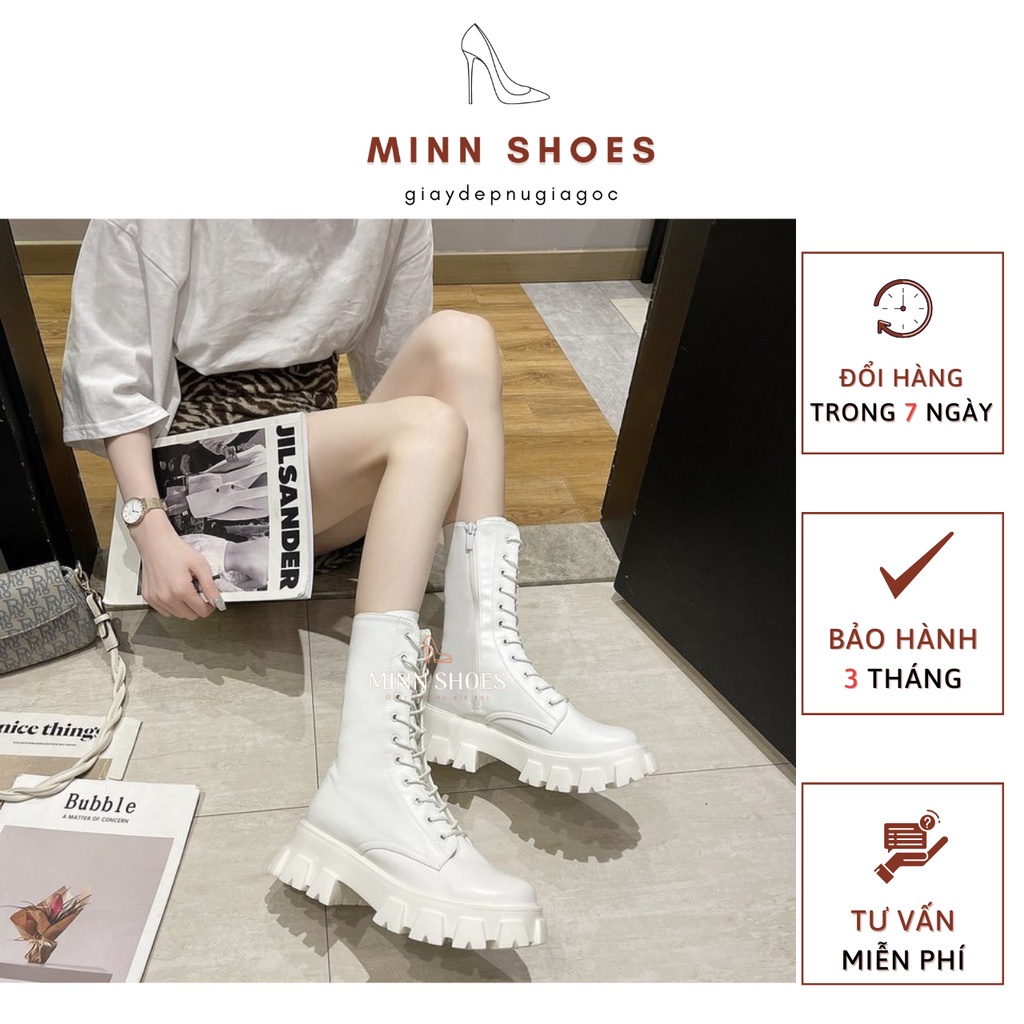 Bốt dây cổ cao 20cm ulzzang khóa kéo đế vuông 5cm 2 màu đen trắng thời trang thu đông 2021 (B3)