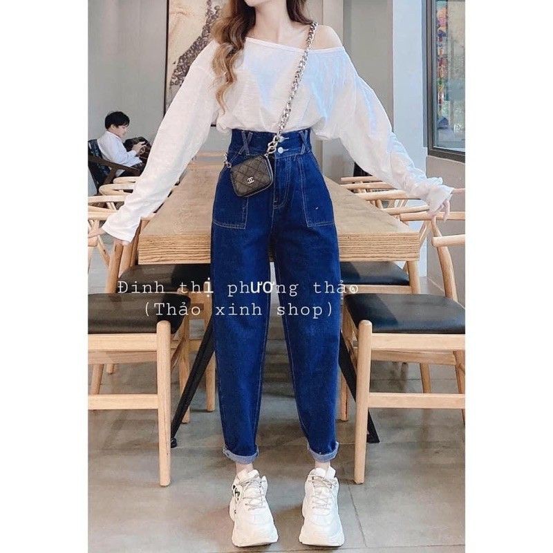 Quần baggy jeans lưng cao đai chéo 3 cúc túi rộng cá tính thảo xinh shop kèm ảnh thật