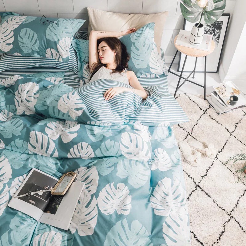 Bộ Chăn Ga Gối Cotton Poly Nhập Khẩu-Lá Khoai