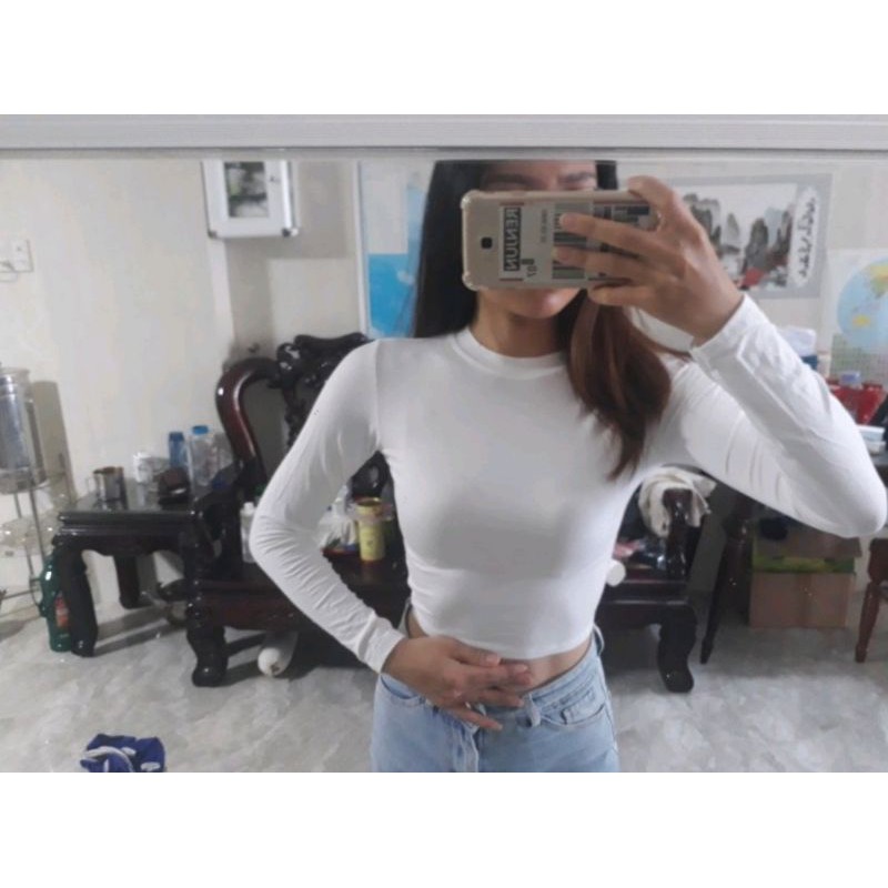Áo Kiểu Croptop Tay dài BODY Chất Borip Lụa Mịn Mát, Freesize 53kg