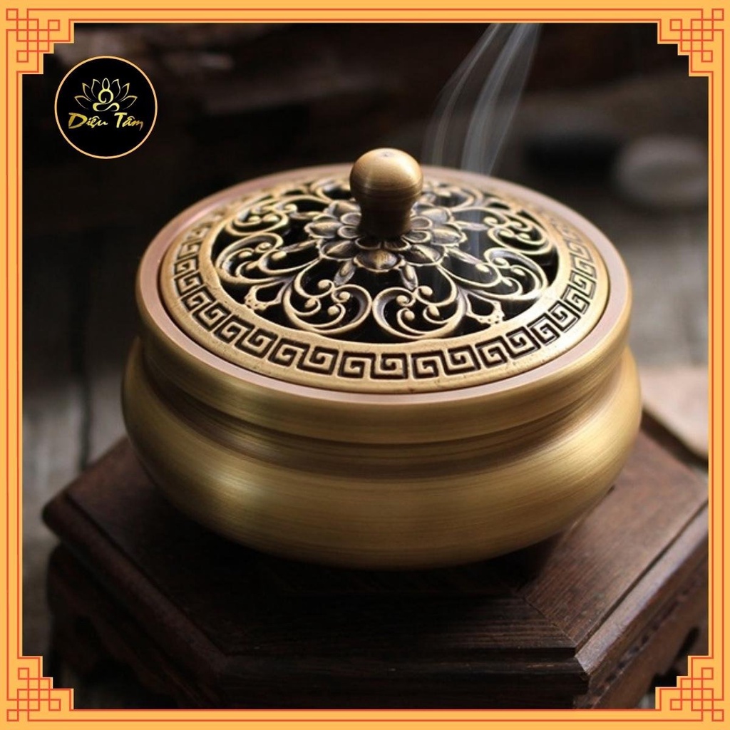 Lư xông trầm hương bằng đồng cao cấp đỉnh đồng xông trầm thiết kế tinh xảo kèm trụ và lót chống cháy