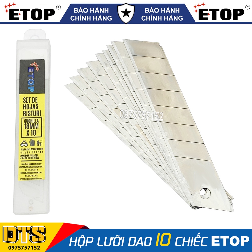 Hộp 10 lưỡi dao rọc giấy đa năng ETOP, Kapusi bản to 18mm x 100mm thép hợp kim siêu sắc, cắt giấy rọc băng keo thùng bìa