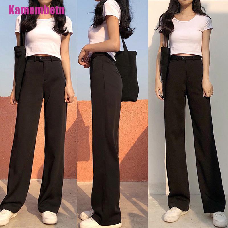 Quần Chiffon Ống Rộng Lưng Cao Màu Đen Thời Trang Công Sở Cho Nữ