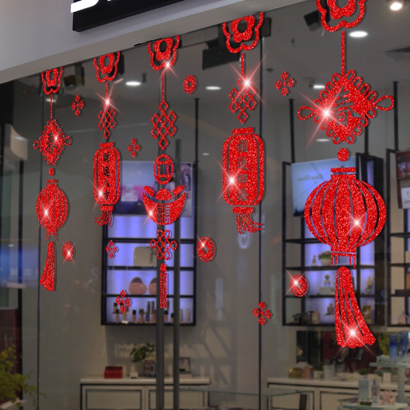 Decal trang trí Tết - Rèm Lồng đèn nhũ kim tuyến đỏ 02