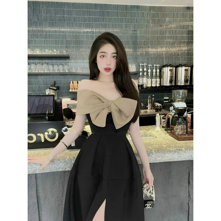 Đầm tiểu thư xòe xẻ tà nơ ngực cực xịn