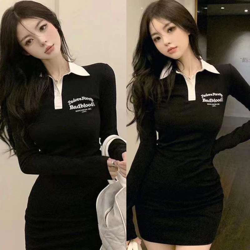 COZOK Đầm Tay Dài Cổ Polo Dáng Ôm Thời Trang Cá Tính Cho Nữ