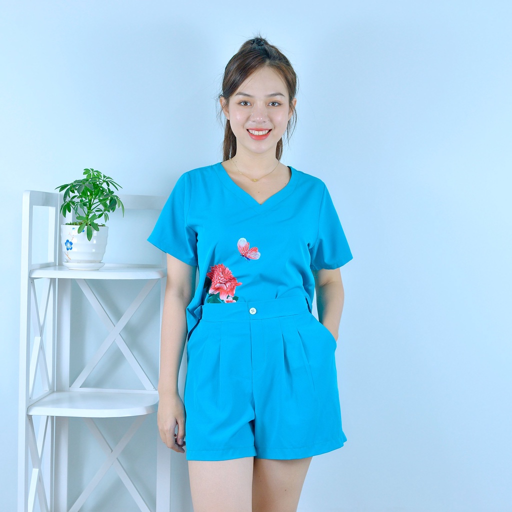 Bộ đồ nữ MÀU XANH ĐẬM IN HOA CỰC XINH  - vải lụa cao cấp - Lịch sự - Quý phái