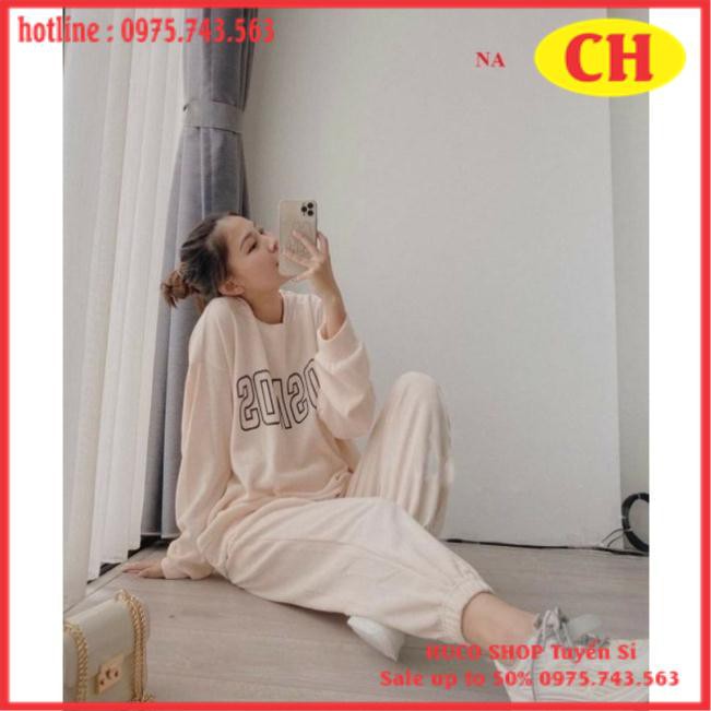 Sét Bộ nỉ thu đông nam nữ Sweater dài tay Sum Basic Nỉ cotton Ulzzang tay bồng + quần Bom Chun ống unisex freesize