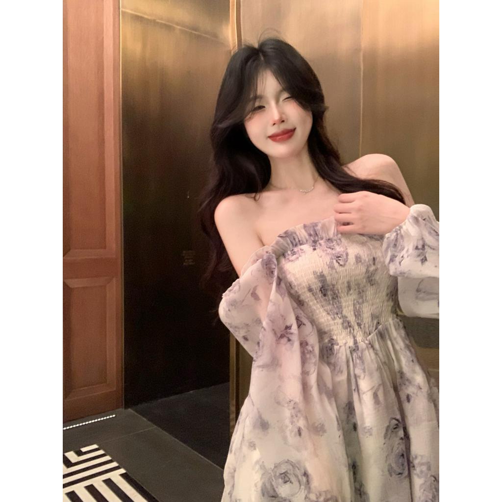 Đầm Dài Dáng Chữ A Hở Vai In Họa Tiết Hoa Hồng Nhẹ Nhàng Thanh Lịch