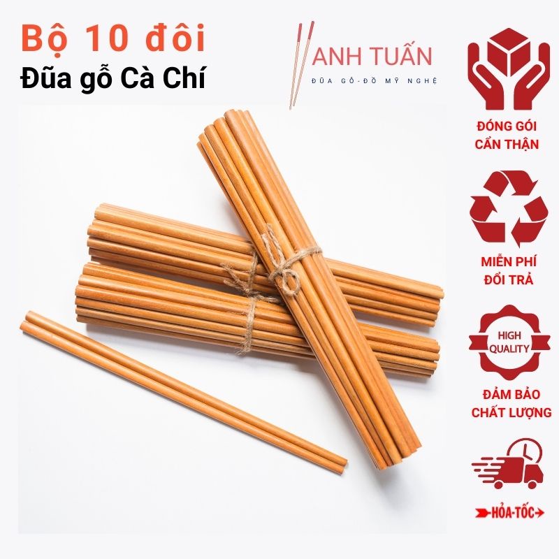 Bộ 10 đôi đũa gỗ Cà Chí tự nhiên không cong chống mốc