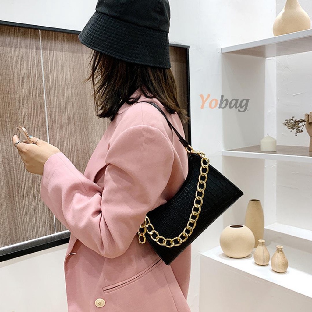 Túi xách nữ kẹp nách vân da form đẹp mix dây xích thời trang Hàn Quốc TX1