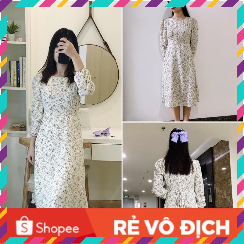 Váy hoa nhí vintage dài tay cổ tròn màu trắng, váy suông hoa nhí chất voan lụa đẹp fox shop