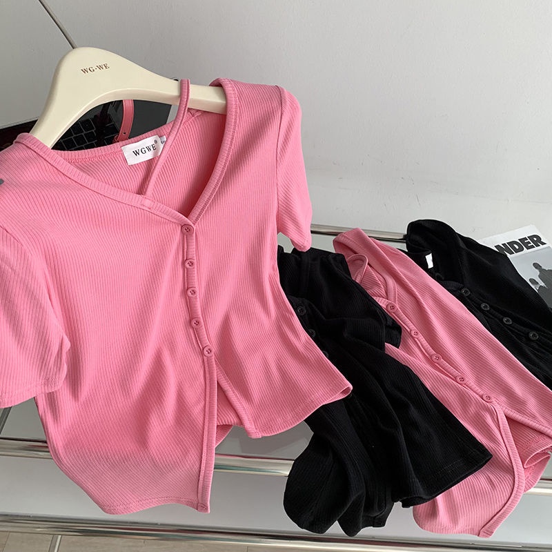 Áo Thun Tay Ngắn Dáng Ôm Xẻ Tà Kiểu Hàn Quốc Thời Trang Mùa Hè Cho Nữ