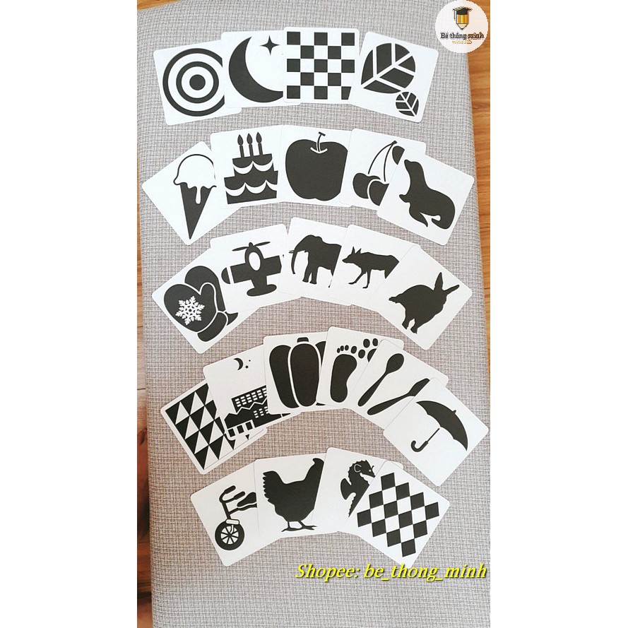 48 thẻ FLASHCARD ĐEN TRẮNG 1 KÍCH THÍCH THỊ GIÁC Glendoman cho trẻ 0 - 3 tuổi SIZE 14*14cm