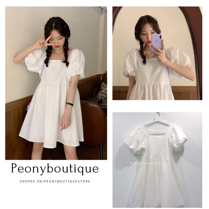 Váy Babydoll Dáng Ngắn Tay Bồng Nữ 🌺 Đầm suông trơn cộc tay màu trắng basic thiết kế đơn giản phong cách hàn quốc 🌺