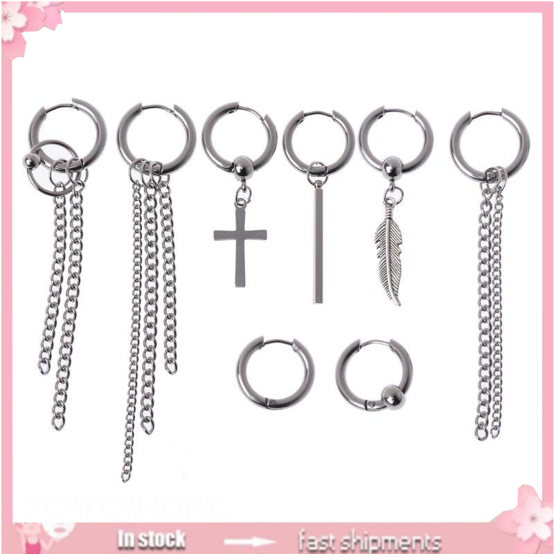 Khuyên tai thép titan dạng dây xích dài phong cách Hàn Quốc cho nam