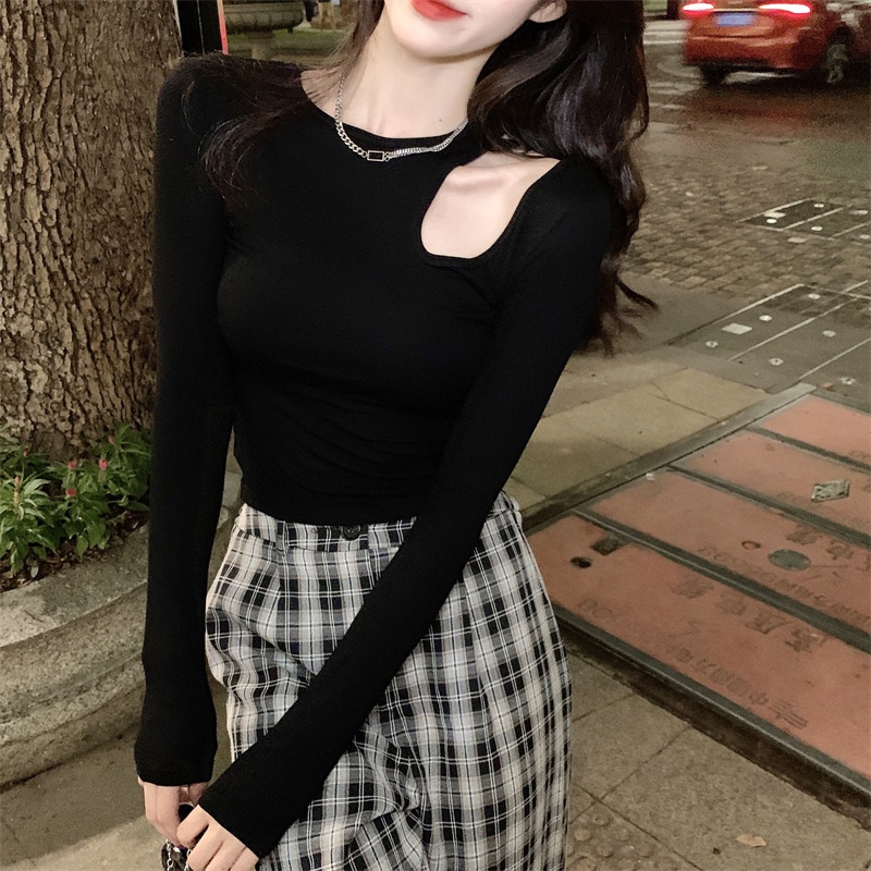 SUXI Áo thun croptop tay dài màu trơn dáng ôm quyến rũ dễ phối đồ hợp thời trang phong cách Hàn Quốc