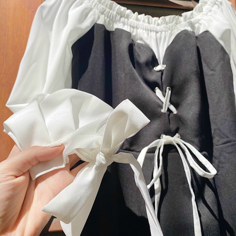 Đầm Xinh FERI DRESS trễ vai thiết kế tinh tế phần ngực rút dây buộc nơ có bo chun co giãn xoè nhẹ ở đuôi | BigBuy360 - bigbuy360.vn