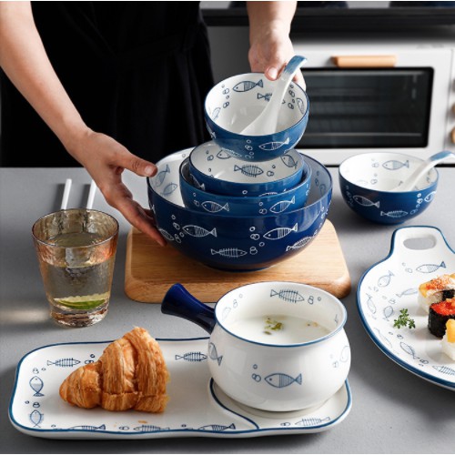 Bộ chén bát đĩa hoa văn con cá màu trắng xanh đẹp mắt sang trọng