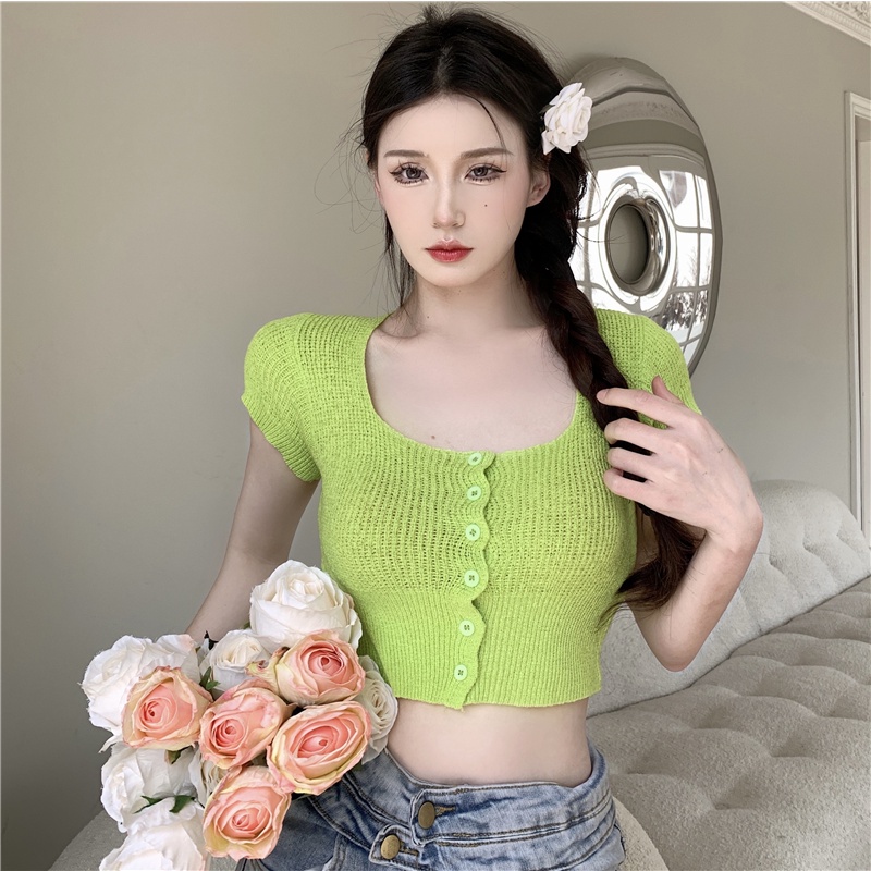 Áo Croptop cardigan Dệt Kim Tay Ngắn Cổ Vuông Màu Sắc Đơn Giản Phong Cách Hàn Quốc