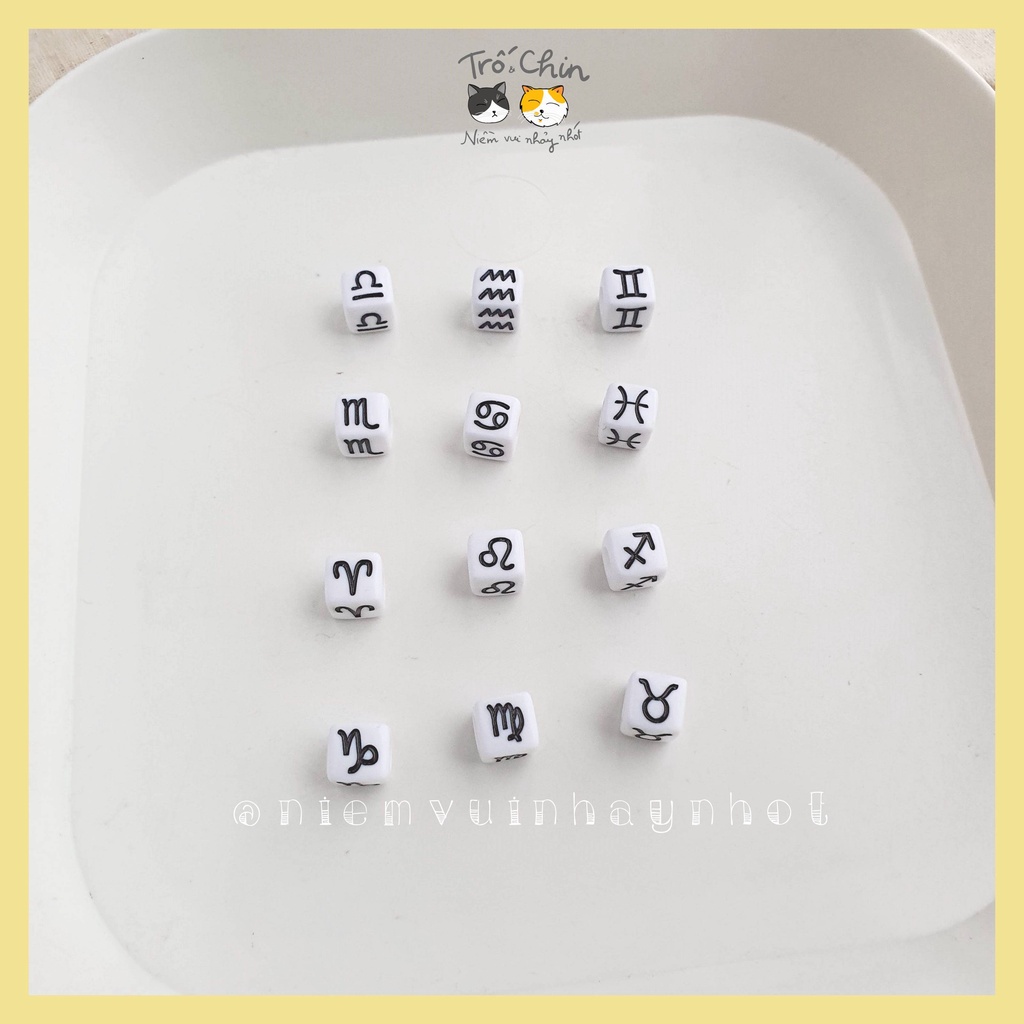 [Có sẵn] Set 12 hạt nhựa vuông cung Hoàng Đạo Zodiac Sign có lỗ xỏ để làm đồ thủ công, diy...