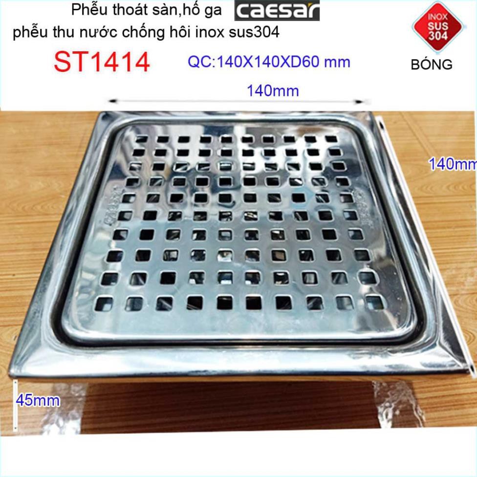 Thoát sàn Caesar, phễu thoát sàn chống mùi hôi Inox 304 caro, phễu thoát nước Caesar 14x14cm  ống 60