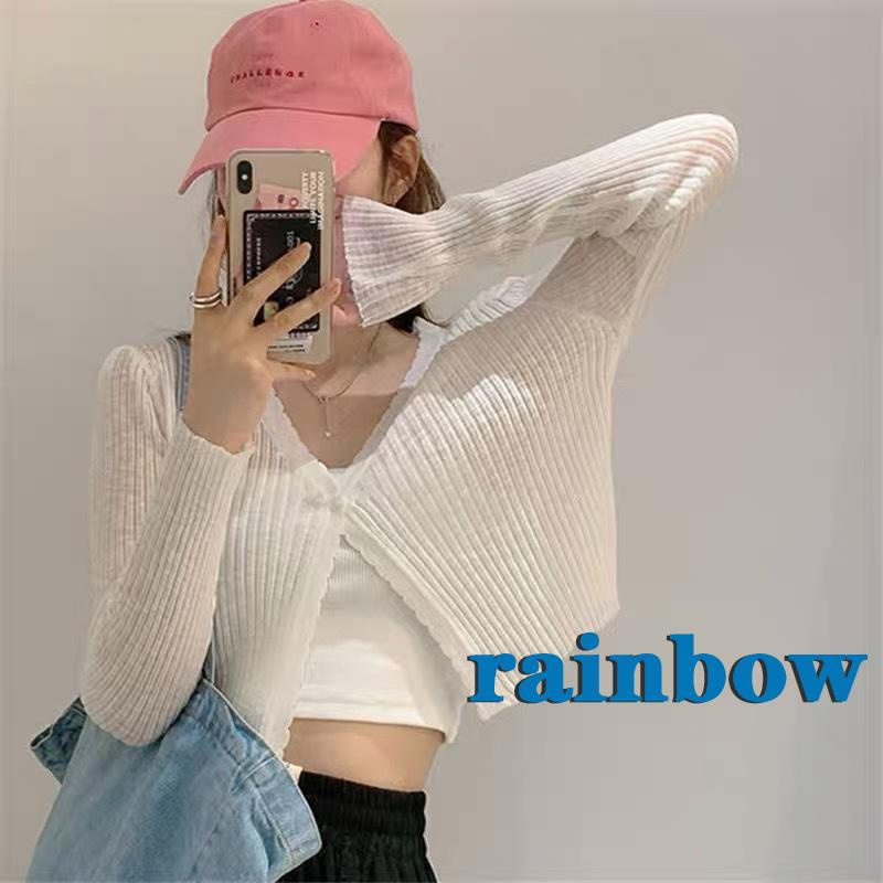 Áo cardigan croptop dệt kim tay dài màu sắc cầu vồng tùy chọn dành cho nữ