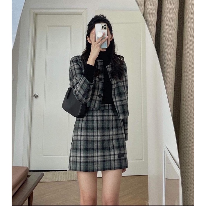 Set Áo Dạ Kẻ Tweed Kèm Chân Váy Chữ A Phong Cách Ulzzang | WebRaoVat - webraovat.net.vn