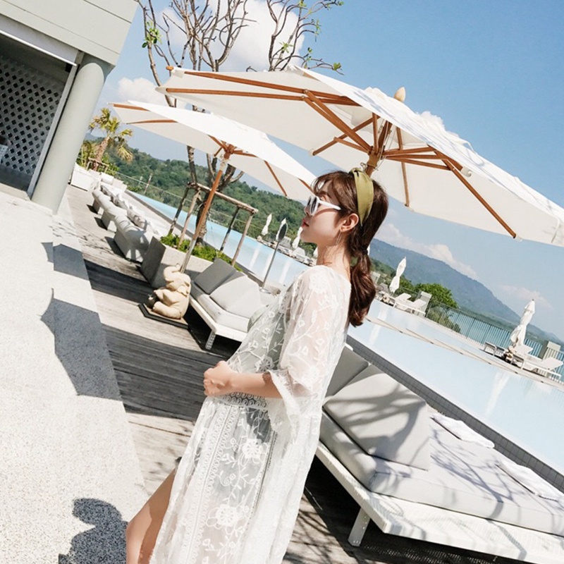 Brroa Áo Khoác Cardigan Ren Mỏng Tay Lửng Hở Phía Trước Thêu Hoa Nhìn Xuyên Thấu Gợi Cảm Cho Nữ