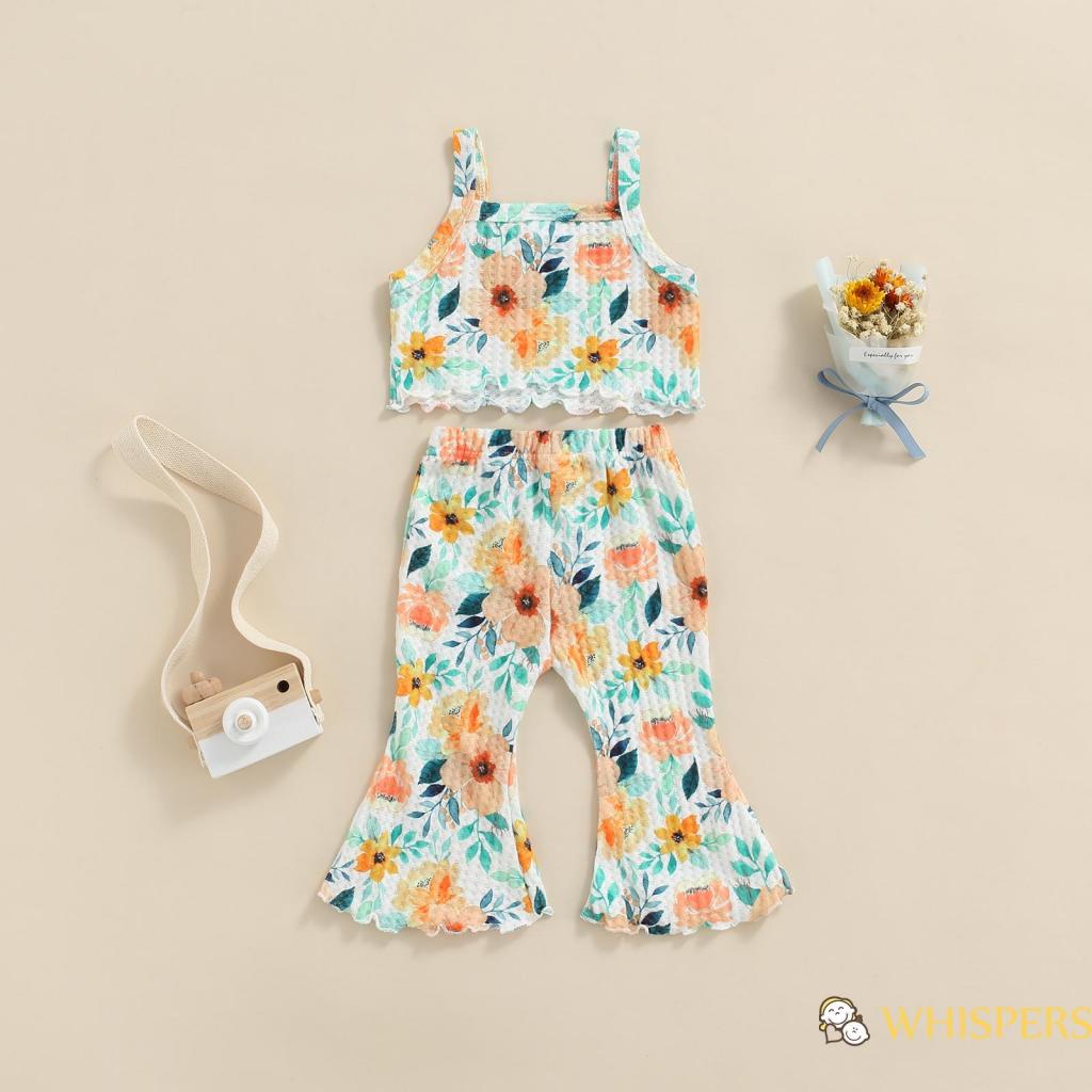 Set Áo Hai Dây + Quần Dài Ống Loe Họa Tiết Hoa Thời Trang Mùa Hè Cho Bé Gái