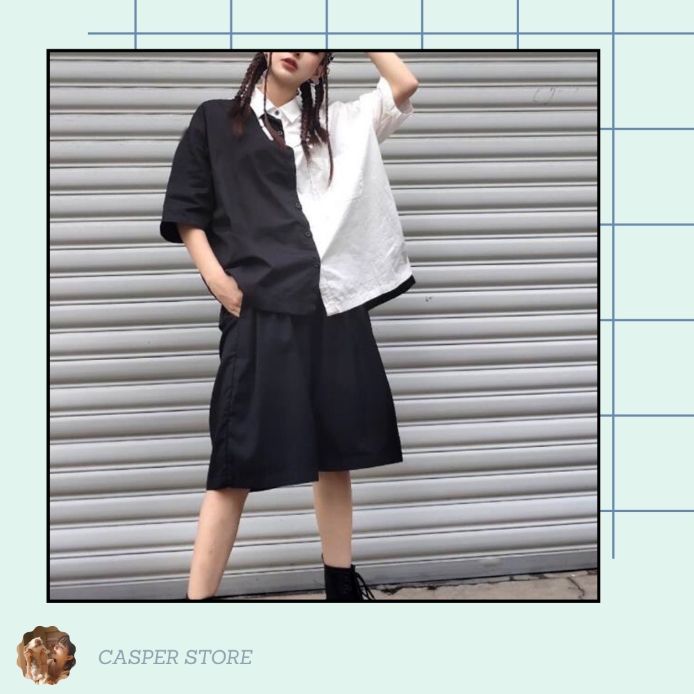 Áo sơ mi cộc tay form rộng đen trắng ⚡ Casper.Store | FREESHIP | ⚡ Phông cổ bẻ phối khuy thiết kế basic, trẻ trung