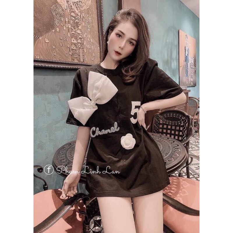 Áo phông đính nơ hoa trà siêu đẹp