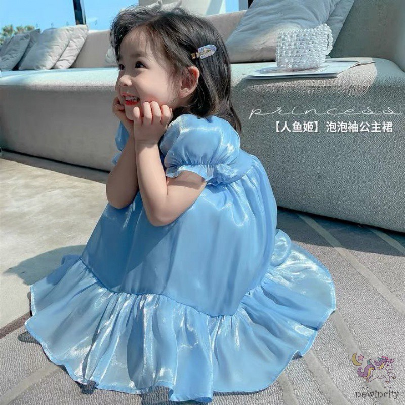 Đầm Tay Phồng Cổ Vuông Phong Cách Hàn Quốc Độc Đáo Cho Bé Gái