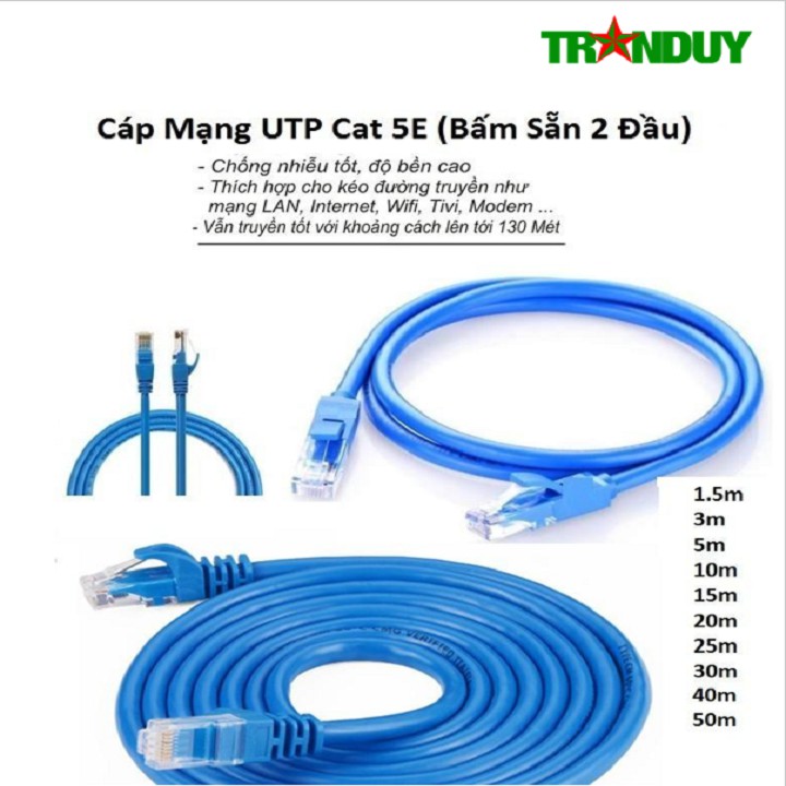 Cáp Mạng UTP Cat 5E Dây Xanh 1.5 -> 15m ( Bấm Sẵn 2 Đầu)