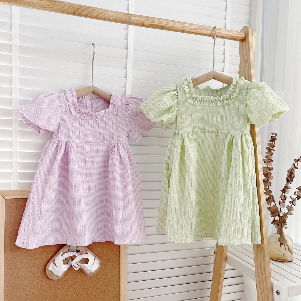 Váy hè cộc tay vảo xốp dãn màu trơn cho bé gái 8-19kg (1-5 tuổi)