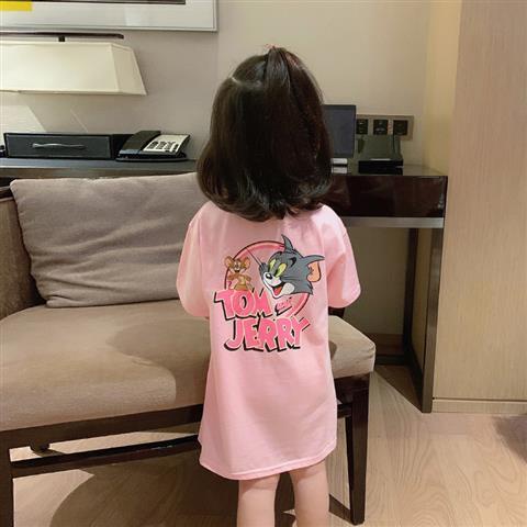 Đầm thun tay ngắn dáng rộng in họa tiết mèo và chuột dạ quang thời trang mùa hè dành cho bé gái