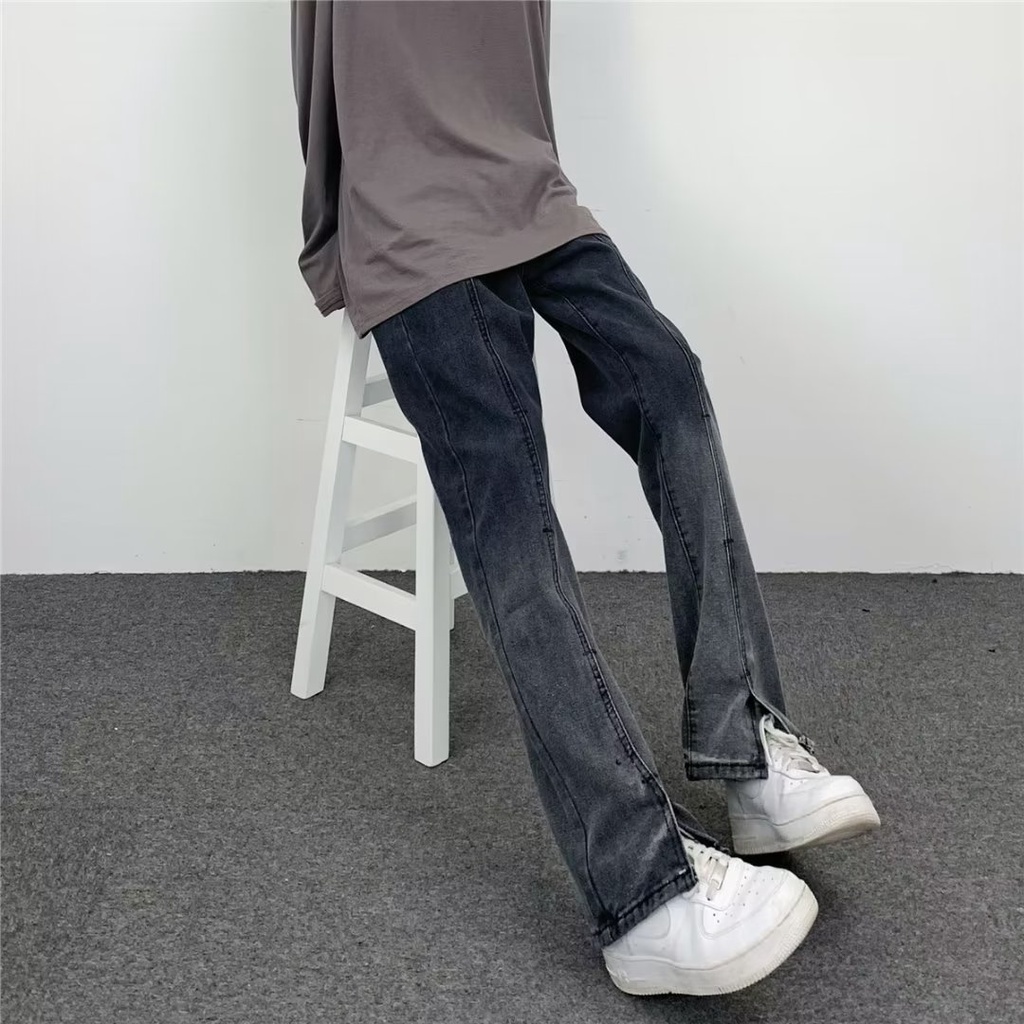 quần jeans đen lưng cao ống loe xẻ tà phong cách hàn quần ống rộng nam quần đôi thời trang micro flare thông thường