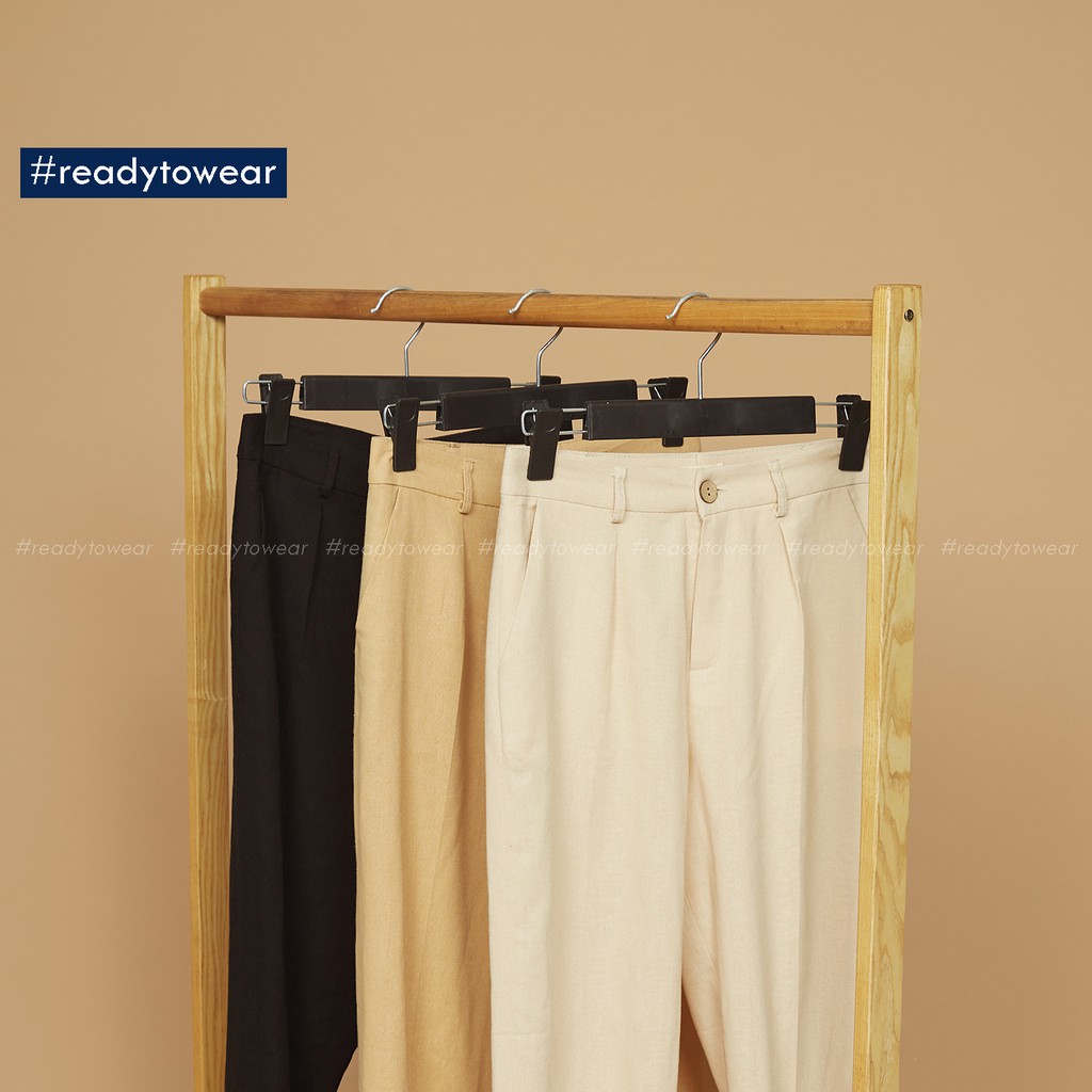 Quần baggy cạp cao nữ công sở vải đũi linen pants màu đen be nâu pastel Q02