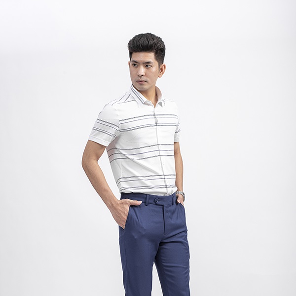 Áo Sơ Mi Nam Ngắn Tay ARISTINO ASS051S9 Somi Công Sở Cao Cấp Màu Trắng kẻ xanh đậm Vải sợi sồi Dáng ôm tà lượn không túi