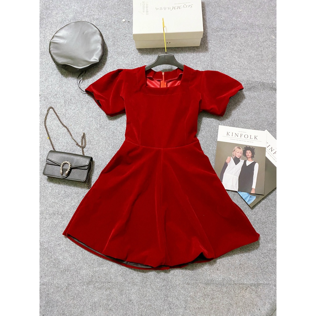 Đầm nữ - Váy nhung đỏ 2 lớp cổ vuông tay bồng siêu cute