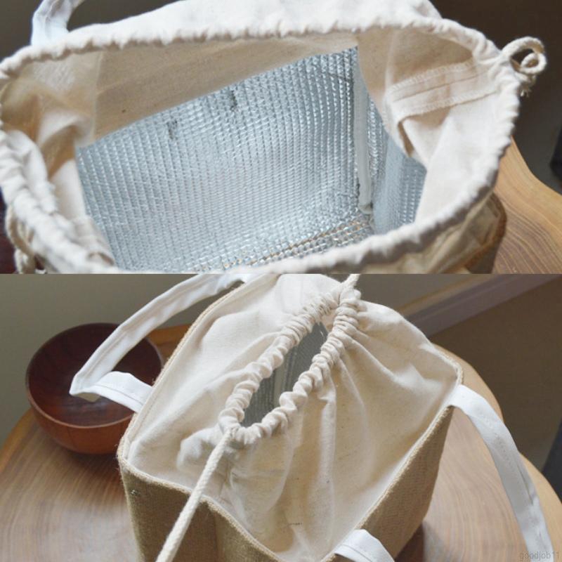 Túi đựng hộp cơm trưa vải lanh cotton + lá nhôm có dây rút tiện dụng