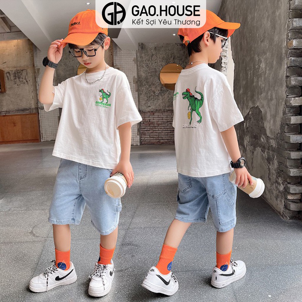 Áo thun bé trai Gạo House cotton 4 chiều cổ tròn cộc tay hình Khủng long T28