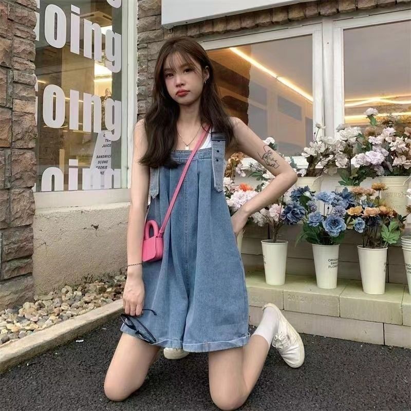 Quần Yếm Denim Ngắn Ống Rộng Dễ Thương Thời Trang Mùa Hè 2022 Dành Cho Bạn Nữ