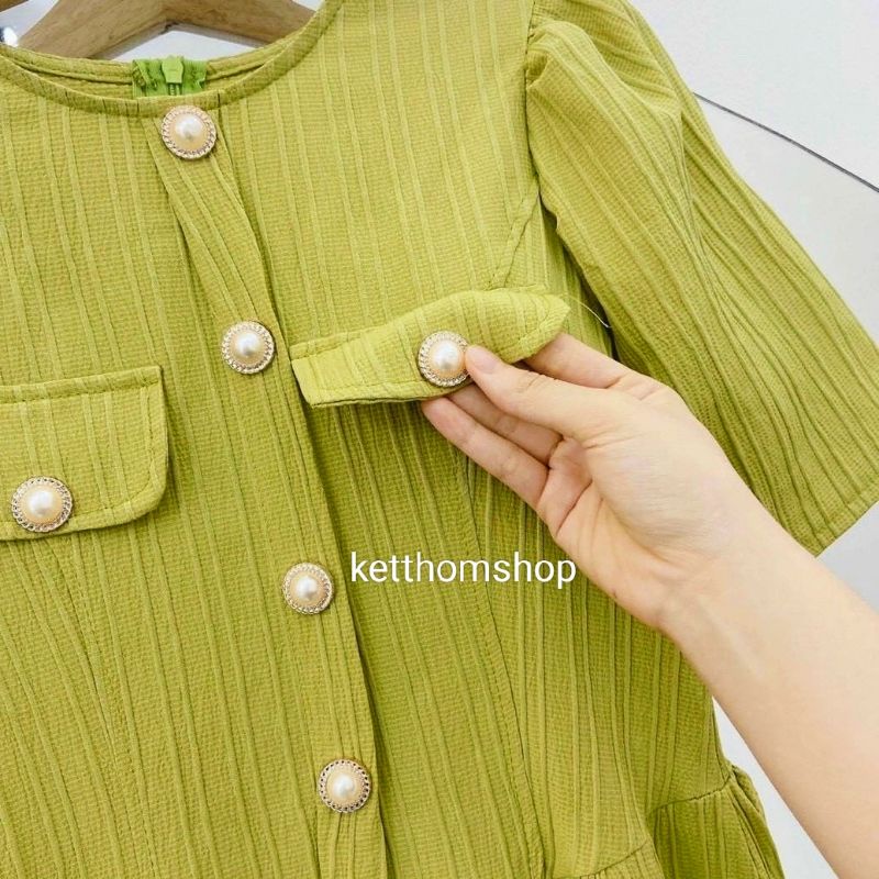 Đầm váy midi dự tiệc dáng dài váy tiểu thư nút bọc tay phồng túi ngực màu xanh cốm