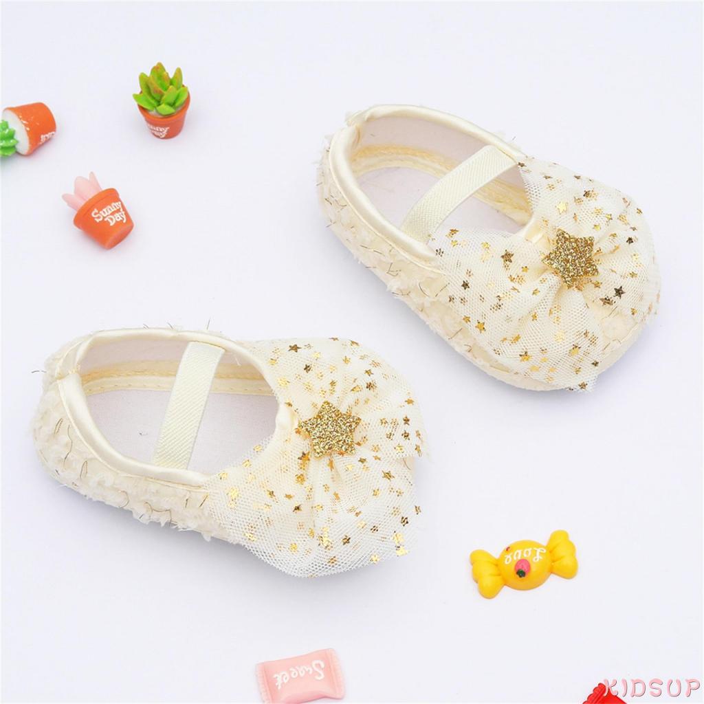 Giày Vải Cotton Phối Lưới Đính Nơ Đính Kim Sa Ngôi Sao Lấp Lánh Trang Trí Cho Bé 1 Tuổi