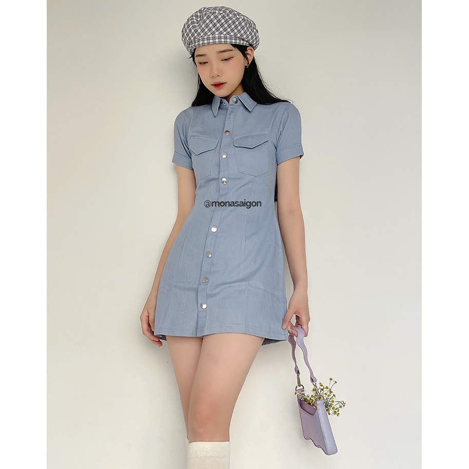 MONÁ - Đầm dáng suông cổ sơmi xanh blue jeans có túi - HEBE DRESS | BigBuy360 - bigbuy360.vn