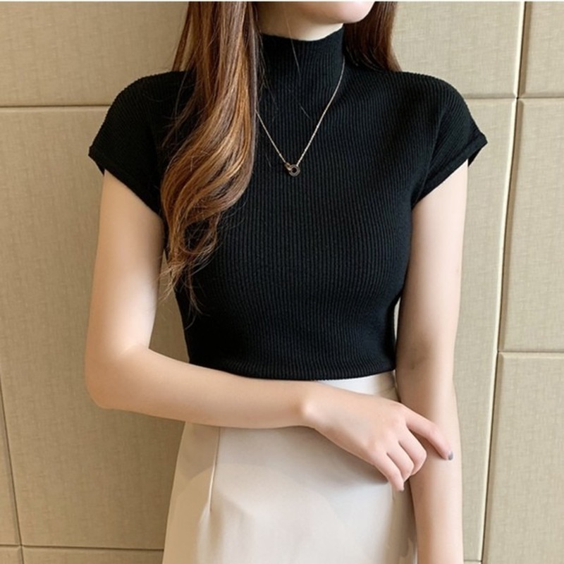 Xj-áo len dệt kim ngắn co giãn đơn giản nửa cổ cao trơn tay ngắn 829